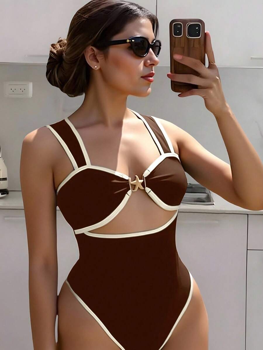 Swim Vcay 女士度假沙滩黑白尼龙面料连体泳衣 - 咖啡棕 - 查看 1