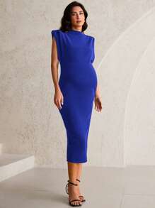 MaterniWear Váy bầu màu trơn không tay ôm vừa vặn thanh lịch cho mùa hè - Xanh đậm - Xem 3