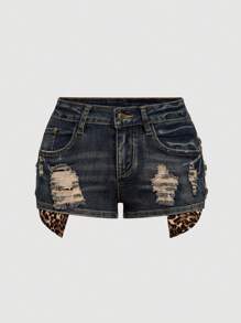 ROMWE J-Fashion Quần short denim cạp siêu thấp họa tiết da báo bó sát cỡ lớn dành cho nữ Kpop Y2K Gyaru Retro - Màu xanh lam - Xem 3