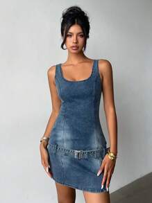 Aloruh Women's Y2K Sexy Square Neck Fashion Waist Belt Denim Mini Dress, Night Out