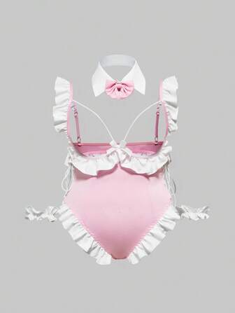 Kawaii Sexy Maid Outfit Hollow Out Ruffle Hem Bowknot Plus Size Bodysuit For Women