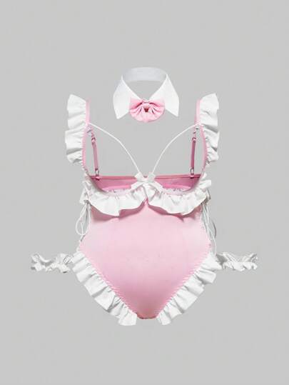 Kawaii Mono de sirvienta sexy con aberturas, volantes en el bajo y moño para mujer de talla grande