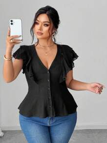 SHEIN Unity 加大码无袖荷叶边领性感优雅办公室女士甜美衬衫 - 黑色 - 查看 2