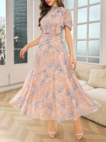 Modelyn 花卉印花系带腰褶饰女式优雅连衣裙 - 粉色 - 查看 3