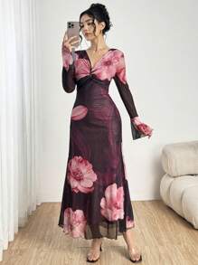 Modelyn 1 件套 V 领喇叭袖浪漫修身连衣裙，适合女士，春夏季 - 粉色 - 查看 6