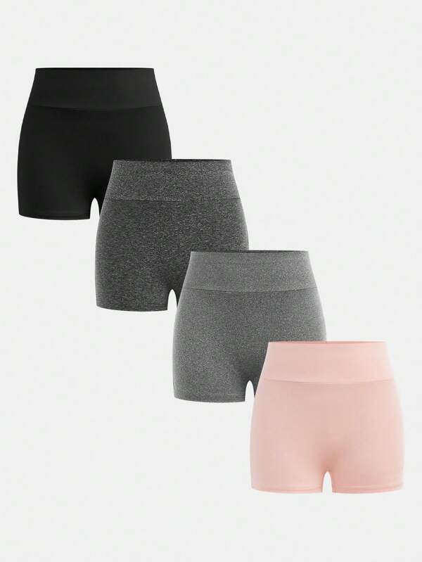 Girlism 4-Piece Set Of Teen Girl Casual Spring/Summer Knitted Solid Color High Waist Sports/Yoga Shorts, Cycling Shorts, Leisure Sports Shorts/ Girls Spandex Shorts/ Girls Short Tights/ Teen Girl Shorts Pack/ Girls Yoga Shorts/ Girls Biker Shorts