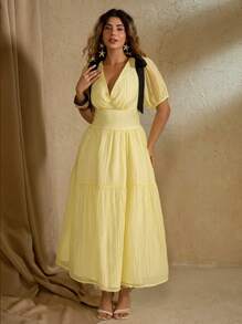 Roveilla Vestido de verano elegante de ajuste slim con escote en V, mangas abullonadas, lazo de cinta negra estilo francés y diseño minimalista