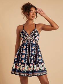 Travachic Vestido de verano casual con estampado floral, tirantes de espagueti y espalda descubierta - Morado - Ver 4