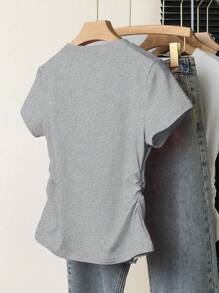 INAWLY 女士心形印花圆领短袖休闲 T 恤，带侧褶 - 灰色 - 查看 2