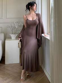 DAZY Women's Loose Casual Sleeveless Dress And Cover Up Set, Elegant Minimalist Style For Office, Vacation, Spring/Summer/Autumn - Brown - View 11