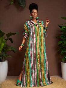 Veslaya Đầm maxi dáng rộng kẻ sọc nhiều màu sắc, cỡ lớn, thích hợp mặc hàng ngày và đi nghỉ mát vào mùa xuân/hè. - Nhiều màu - Xem 6