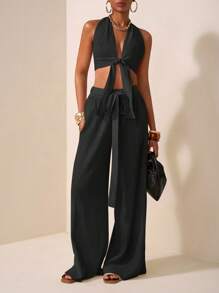 Zivah Conjunto de dos piezas para mujer, estilo nuevo, informal, para vacaciones, citas diarias, playa, fiesta, club, elegante, cuello halter, tirantes, escote en V profundo, diseño de tirantes delanteros y centrales, sin mangas, pantalones extra largos de pierna ancha, color albaricoque.