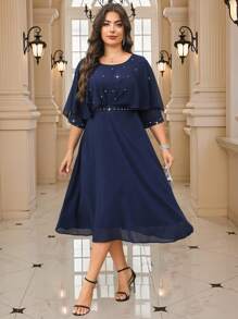 SHEIN Clasi Đầm nữ cổ tròn tay ngắn cánh dơi viền ngọc trai giả cỡ lớn, đầm xanh navy, thích hợp cho mùa hè, đầm trang trọng cho nữ, đầm mùa hè cho nữ - Màu xanh hải quân - Xem 2