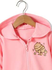 女童粉色休闲卡利巴连帽拉链夹克，宽松百搭设计 - 粉色 - 查看 3