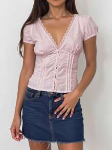 INAWLY Solva Blusa de mujer de cuello en V de manga corta de un solo color, simple y de moda, adecuada para el verano