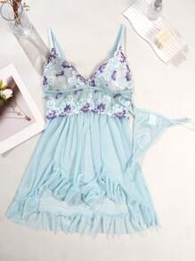 SHEIN 2pcs Women Elegant Floral Mesh Patchwork Lace Trim Spaghetti Strap Sleepwear Set - Baby Blue - View 3