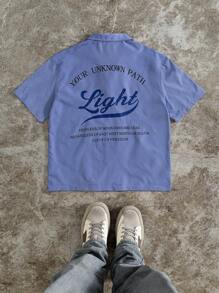 PAVTROS Manfinity Streetrush Men's Casual Striped & Letter Print Short Sleeve Shirt, Summer,Fashionable Casual, Streetwear, Preppy Style Items, Versatile Collared Button-Down Shirt, Suitable For A Boyfriend's Gift