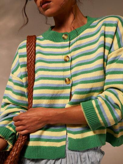 Athîral 女式粗条纹针织休闲开衫 秋冬条纹开衫女 绿色条纹开衫 夏季开衫女 针织开衫女 女式条纹毛衣 条纹开衫毛衣女 绿色开衫女 夏季毛衣 女式绿色毛衣女 夏季开衫 淡色条纹开衫
