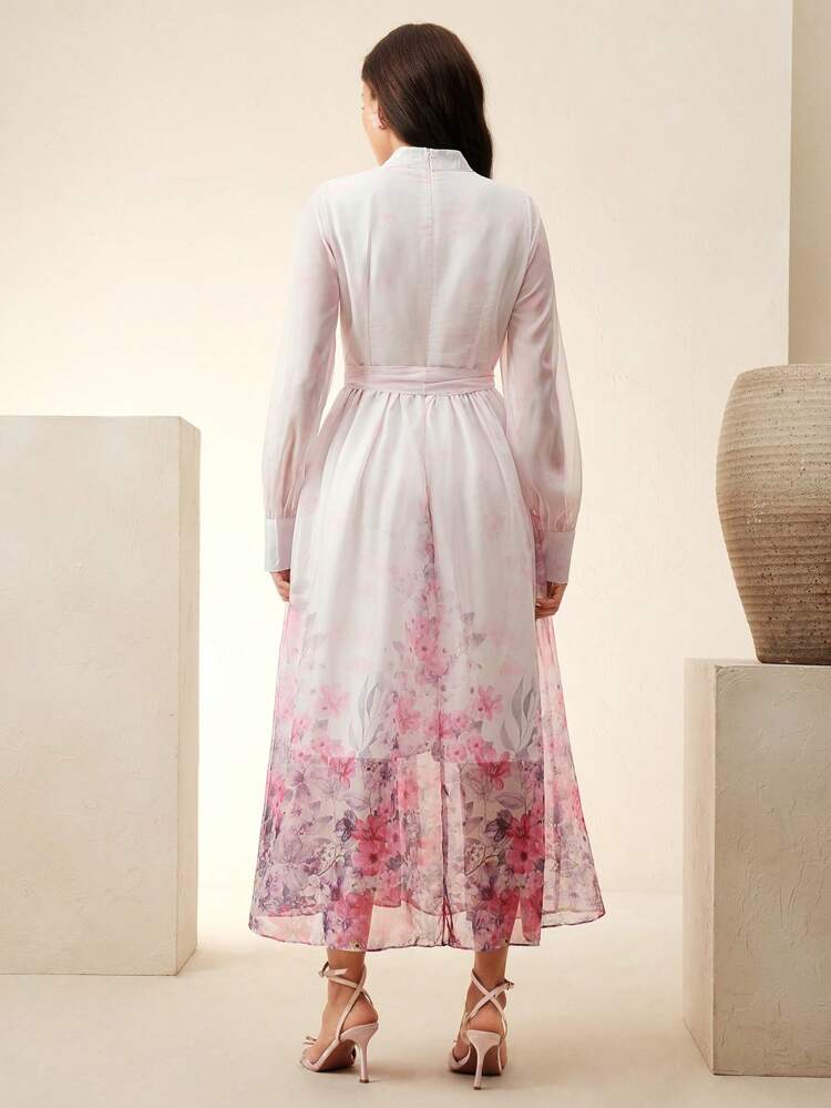 Anewsta Elaire Elegant Fashion High-End Quality Floral Print Stand Collar Dress For Women,Summer