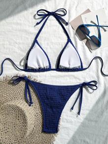 Swim Vcay Women's Summer Beach Solid Color Halter Lace-Up Sexy Bikini Set