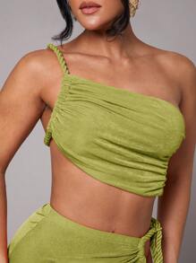 Silquee Women's Sleeveless Braid Ruffle Asymmetrical Hem Tank Top, Suitable For Commute, Daily Wear, Vacation, Beach, Bikini Cover-Up, Night Out, Sisterhood Gathering, Beach Party, Pool Party, Spring/Summer Green One Shoulder Top One Shoulder Tops Green Top - Olive Green - View 8