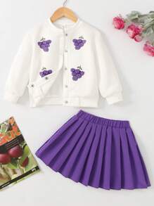 Elladie kids 年轻女孩葡萄印花长袖运动衫外套和百褶迷你裙两件套服装，可爱又甜美的风格 - 彩色 - 查看 3