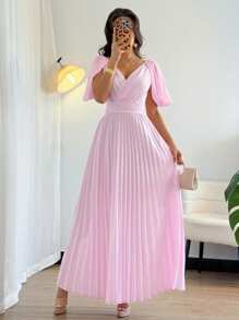 Rafferiza Women's V-Neck Off Shoulder Ruched Waist Elegant Dress - Pink - View 7