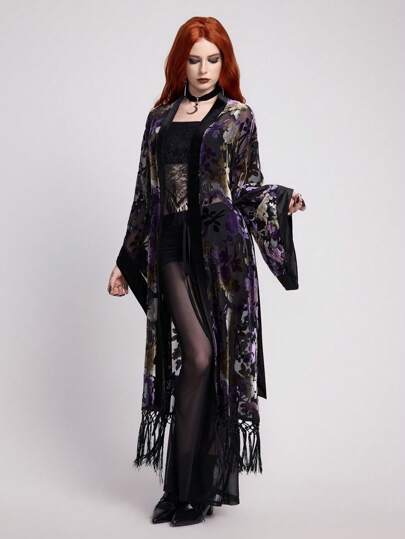 Goth Bohemian Goth Style Floral Burnout Velvet Texture Beach Flare Sleeve Cardigan