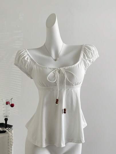 Sweetra 女式夏季系带珍珠装饰宽松下摆短袖T恤