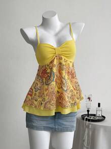 Elamini 女士复古佩斯利印花雪纺吊带背心，奶油黄色，夏季 - 黃色 - 查看 5