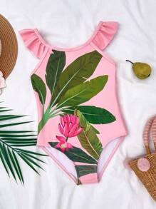 SHEIN Young Girl Ditsy Floral Ruffled Crew Neck One-Piece Swimsuit - Hot Pink - View 1