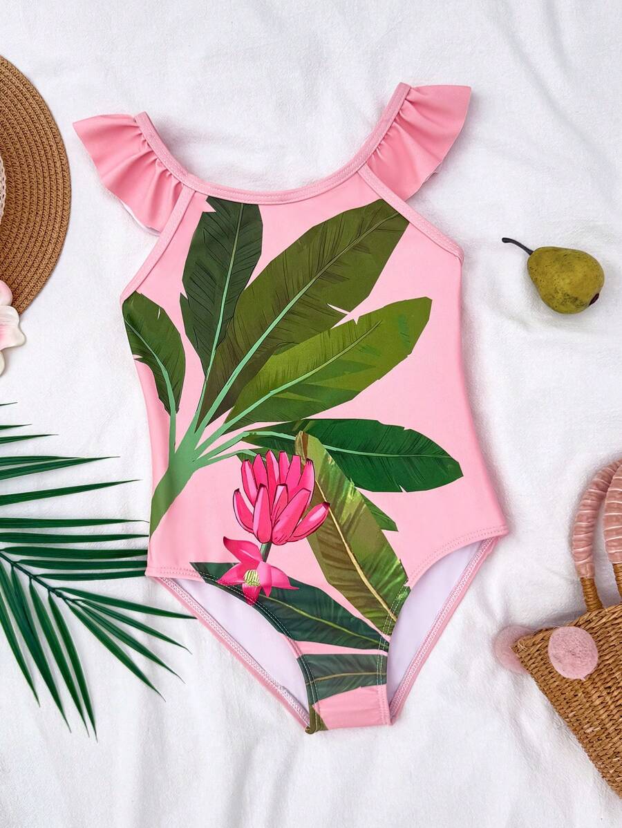 SHEIN Young Girl Ditsy Floral Ruffled Crew Neck One-Piece Swimsuit - Hot Pink - View 1