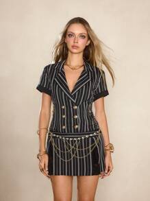 ROMWE J-Fashion Y2K Harajuku Himekaji Style Women's Black And White Striped Low Waist Lace Flared Hem Mini Dress - Black and White - View 1