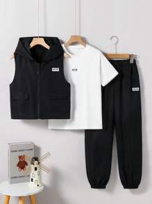 SHEIN 3 chiếc Tween Boy Áo vest đen có mũ, quần và áo phông trắng Bộ trang phục thường ngày - màu đen - Xem 3