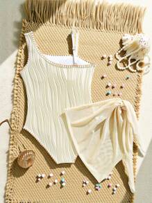 SHEIN 青少年女孩连体泳衣：优雅的侧系带纱笼泳衣，带有海星装饰，非常适合海滩度假 - 杏色 - 查看 2