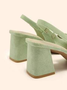 CUCCOO BASICS Fashionable Olive Green Fabric Backstrap Thick Heel Pointed Toe PU Leather Commuting Slingback Shoes, Suitable For Dating, Party, Vacation - Green - View 5