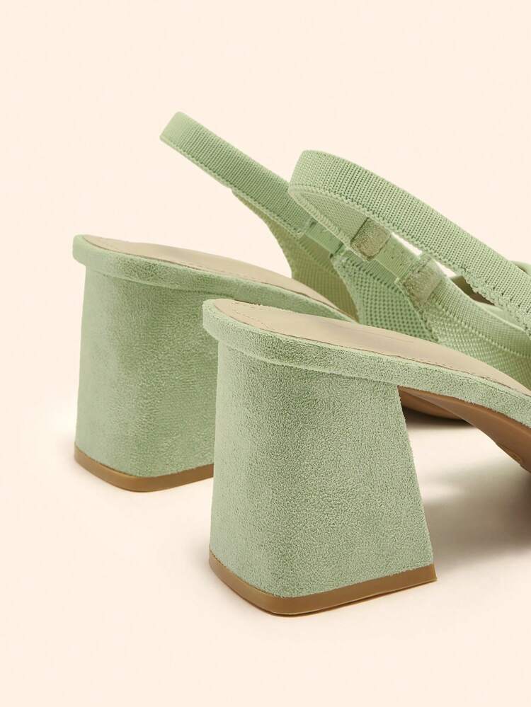 CUCCOO BASICS Fashionable Olive Green Fabric Backstrap Thick Heel Pointed Toe PU Leather Commuting Slingback Shoes, Suitable For Dating, Party, Vacation Spring Shoes