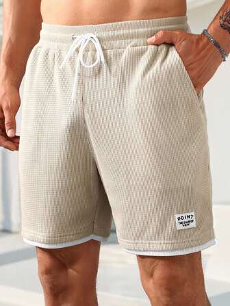 Manfinity Homme Herren Waffle Textur belüftete Kontrast Farbe Lässig Shorts, Urlaubs-Stil passende farbige Patchwork Beachpants, Herren Waffle Textur Kontrast Farbe Lässig Shorts, Urlaubs-Stil Shorts Mesh Herren Mesh