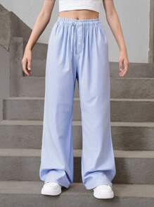 SHEIN Pantalones anchos de cintura media, cómodos y holgados con decoración de botones para niñas preadolescentes - Azul - Ver 7