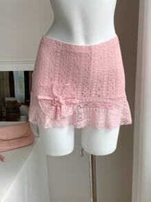 Comfortcana 女式花卉蕾丝荷叶边下摆装饰3D花朵时尚短裙 - 粉色 - 查看 1