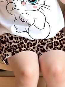 SHEIN Bộ đồ 2 món họa tiết mèo hoạt hình cổ tròn tay ngắn và quần legging họa tiết da báo cho bé gái, phù hợp cho mùa xuân và mùa hè - Nhiều màu - Xem 5