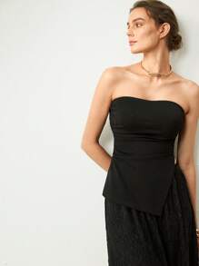 SHEIN Unity Women's Black Summer Seksi Chic Club Off Shoulder Asymmetric Hem Slit Ruched Niche High-End Design Fitted Tube Top Elegant Vacation Base Layer - Black - View 7