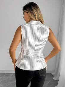 SHEIN Unity Áo Cardigan không tay kẻ sọc trang trí công sở cỡ lớn cho nữ - Đen và trắng - Xem 2