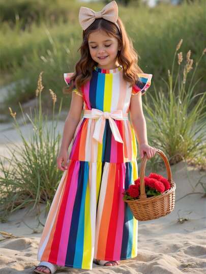 Young Girl Woven Solid-Color Mandarin Collar Mesh Floral 3D Snug Fit Dress