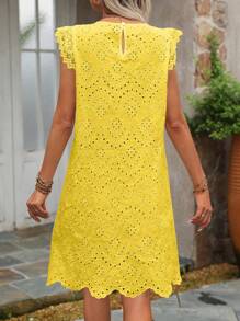 SHEIN Tall Women Crochet Embroidered Mini Ruffled Sleeve Lace Decor Vacation Beach Dress (Random Embroidery) - Yellow - View 2