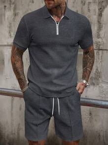 Manfinity Homme Men's Casual Solid Color Short Sleeve Polo Shirt And Shorts Set, Summer - Dark Grey - View 1