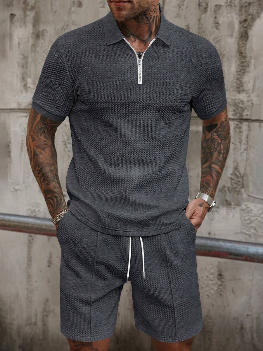 Manfinity Homme Men's Casual Solid Color Short Sleeve Polo Shirt And Shorts Set, Summer - Dark Grey - View 1