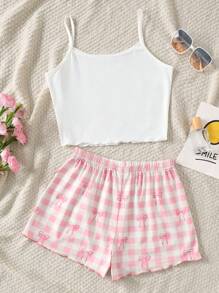 SHEIN Tween Girl Cute Bow Design Camisole And Shorts Knit Pajama Set Fall Winter - Pink - View 2