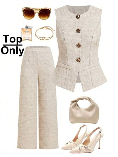 Ellevyn 法式风格女士无袖上衣，通勤，金属大纽扣夏季波西米亚机场夏季蜜月女士仙女芯上衣