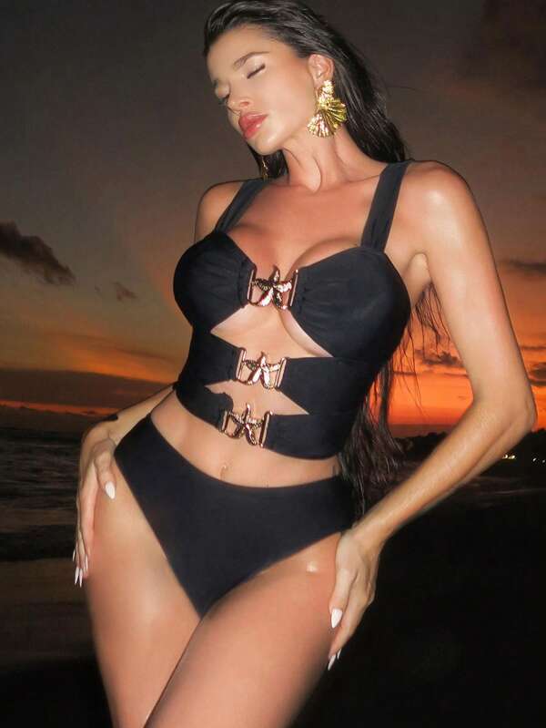 Swim SXY Set de 2 piezas traje de baño de mujer estilo resort con top de tirantes huecos con decoración de estrella de mar de oro y Bottom de cintura alta en unicolor de nailon para playa de verano